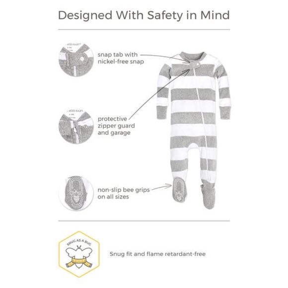 Burt's Bees Seaglass Rugby Stripe Organic Baby Zip Front Snug Fit Footed Pajamas - Picture 4 of 5
